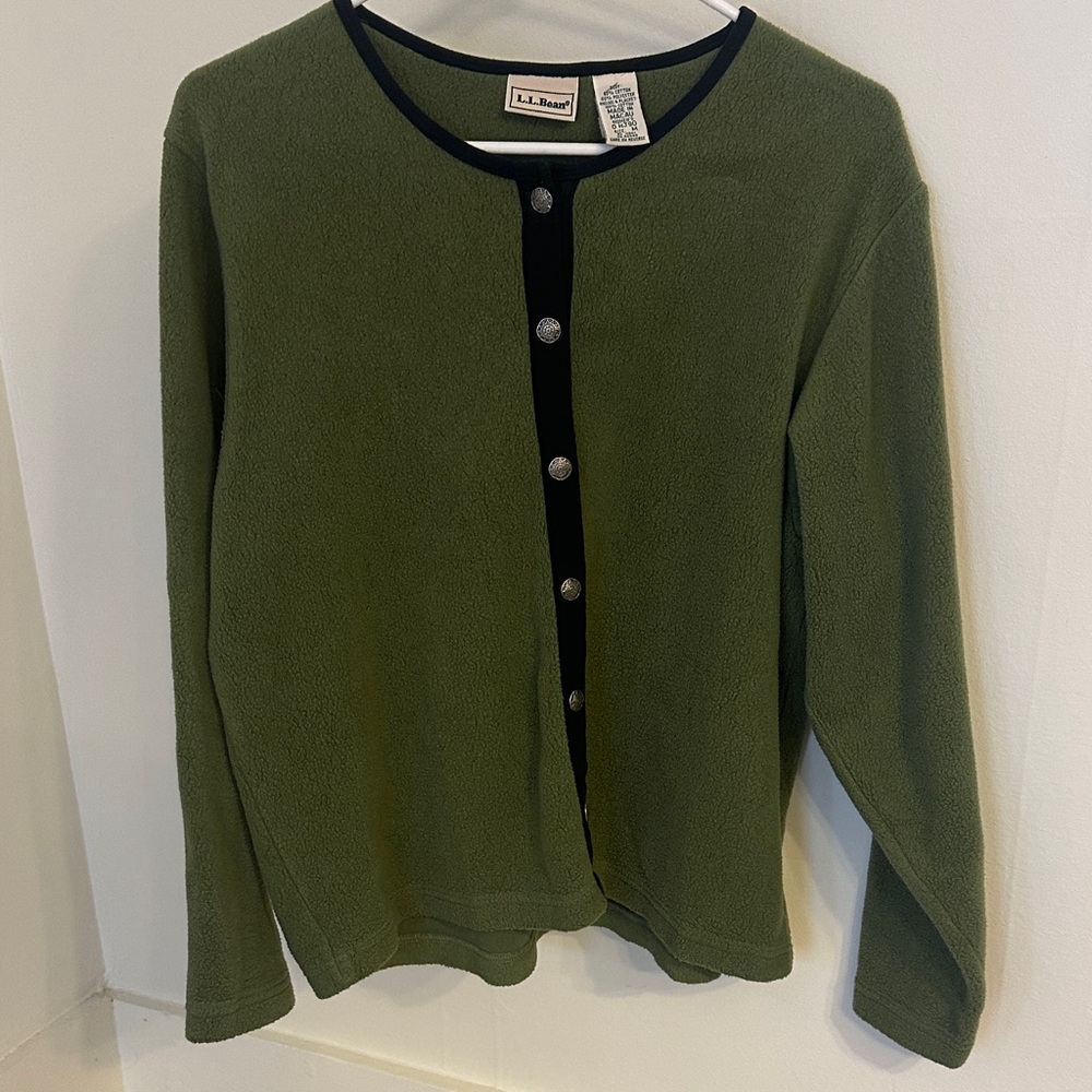 L.L. Bean Olive Green Fleece Cardigan with Black Trim